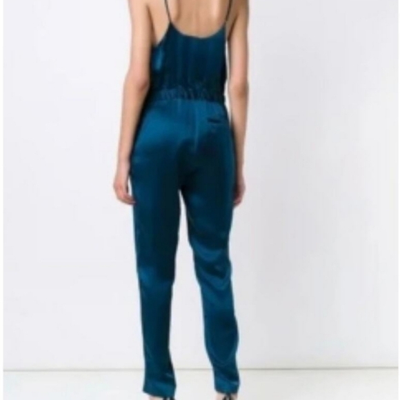 Fleur Du Mal Silk Teal Blue High Square Neck Cinched Tapered Leg Jumpsuit Medium - Picture 2 of 3